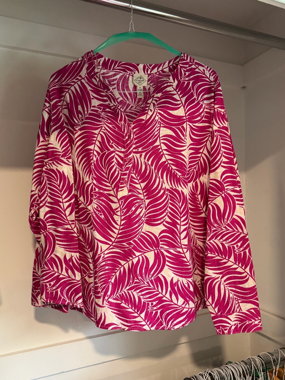 St. John’s Bay Women’s Long Sleeve Henley Style Blouse Top Pink White Size 0X